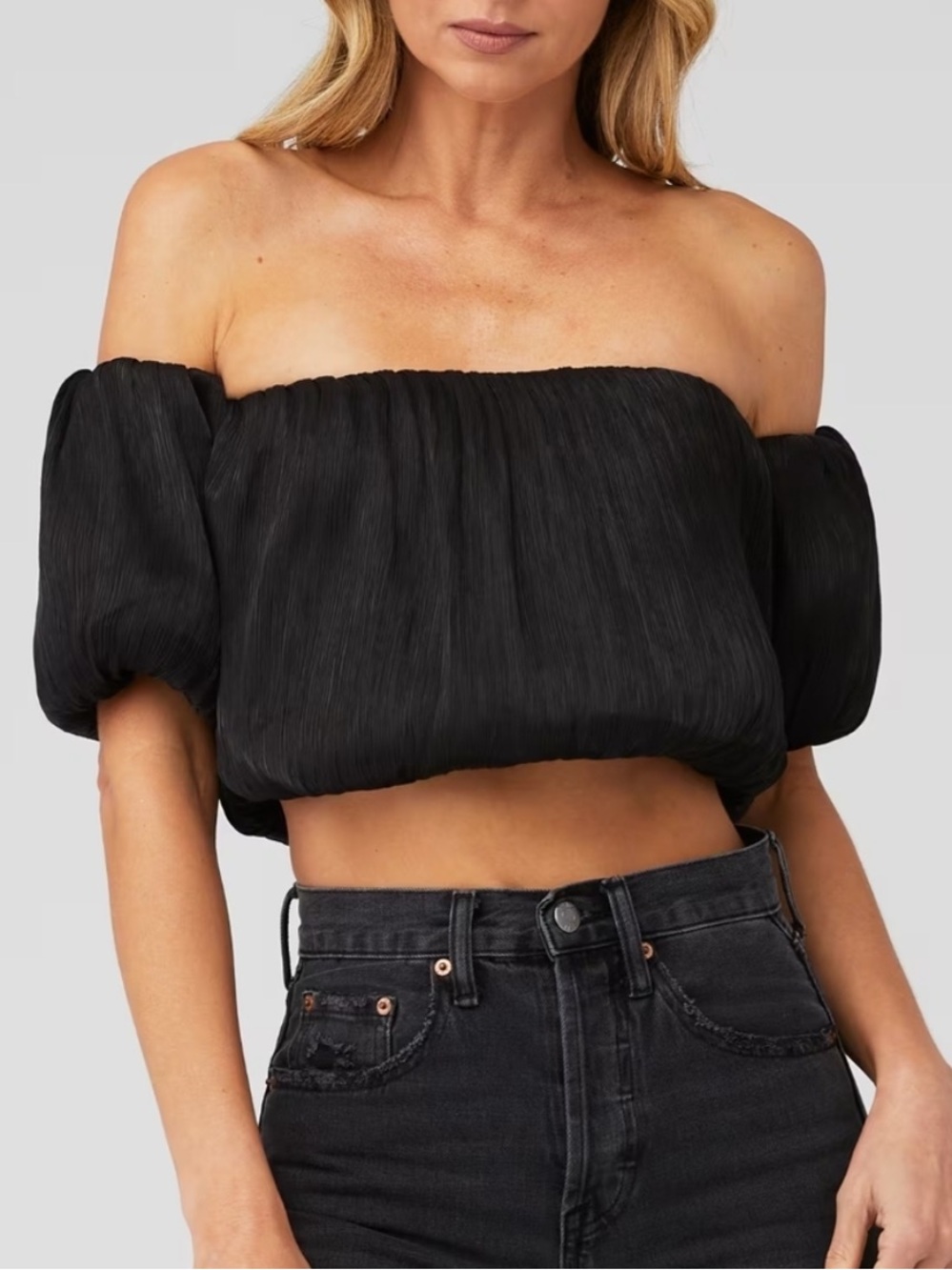 Line & Dot Black Off-Shoulder Puff Sleeve Crop Top, Size S